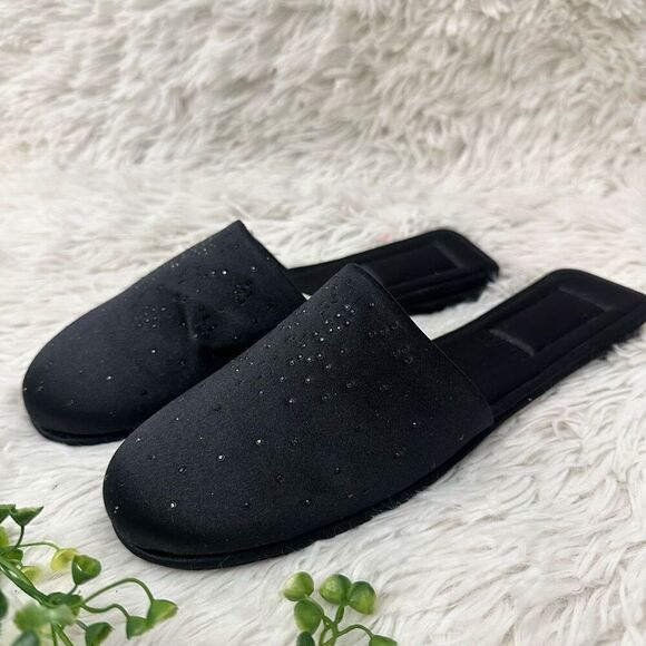 Alima Italy Flat Slip On Mules Slide Black Studded Sparkly Satin size 6 NEW - Picture 4 of 9